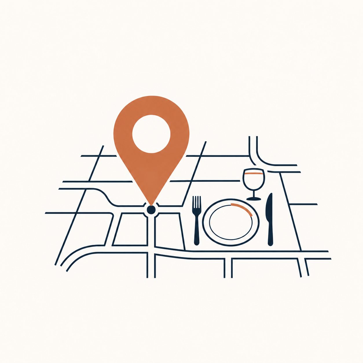 Flat editorial illustration: a large terracotta map pin dropping onto a deep ink navy street grid, beside a small restaurant table setting — a plate with one terracotta detail on the rim, a glass, and cutlery — on an off-white background